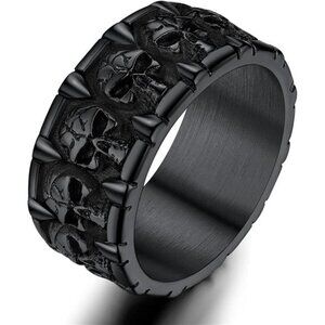 Engrave Men Skull Rings, Statement Biker Rings, Black